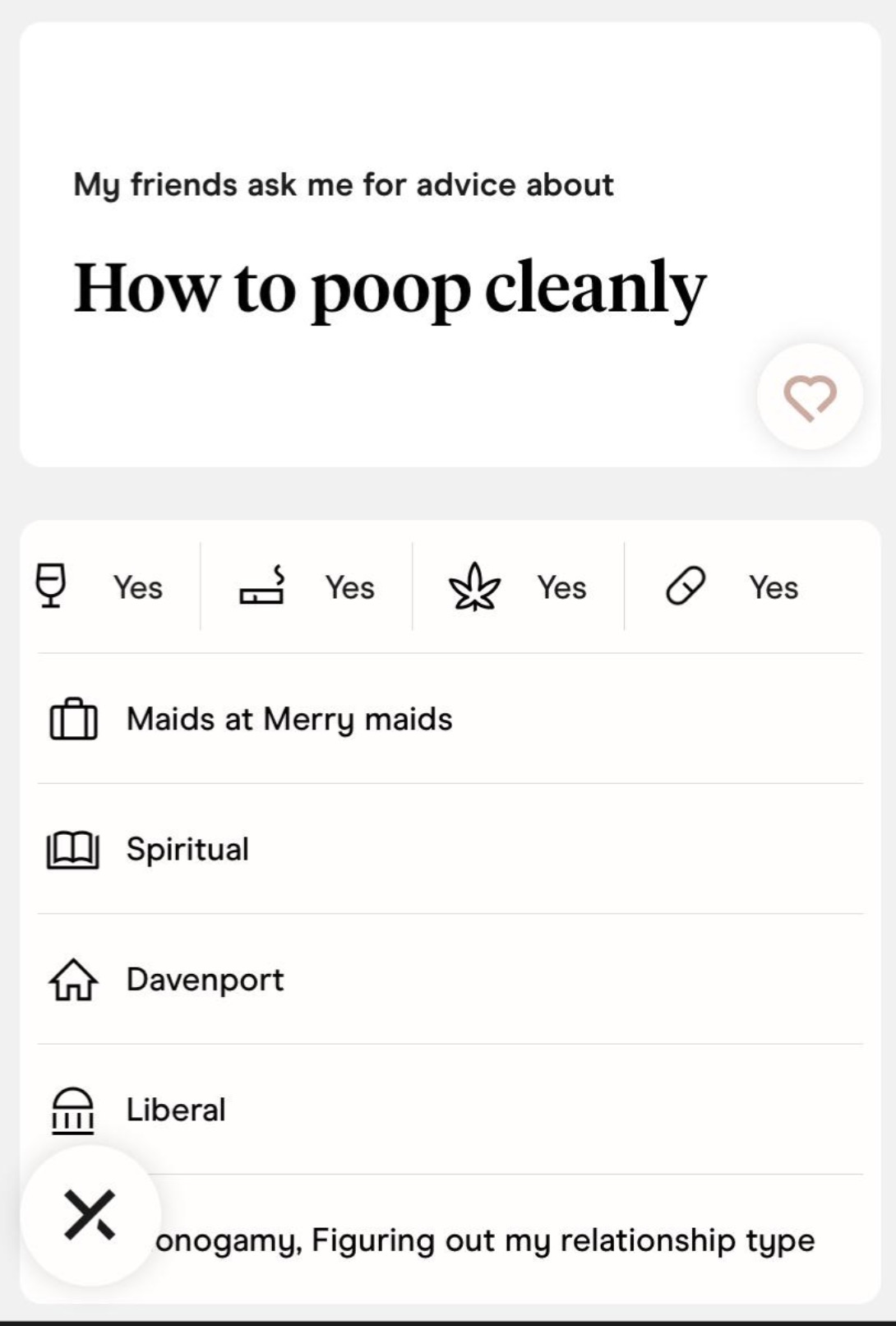 screenshot - My friends ask me for advice about How to poop cleanly Yes Yes Yes Yes Maids at Merry maids Spiritual Davenport Liberal onogamy, Figuring out my relationship type